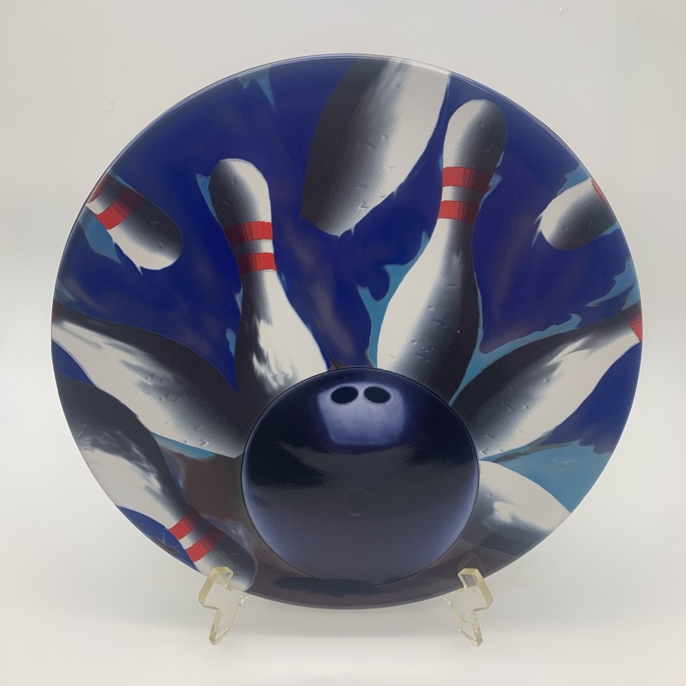 Sports Bowling Night 12” Round Serving Platter Plate Blue With Bowling Ball Pins